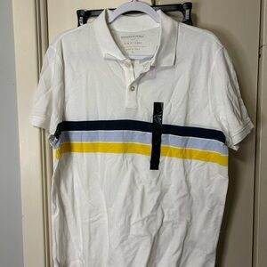 Banana Republic White Polo with Black, Blue, and Yellow Stripes